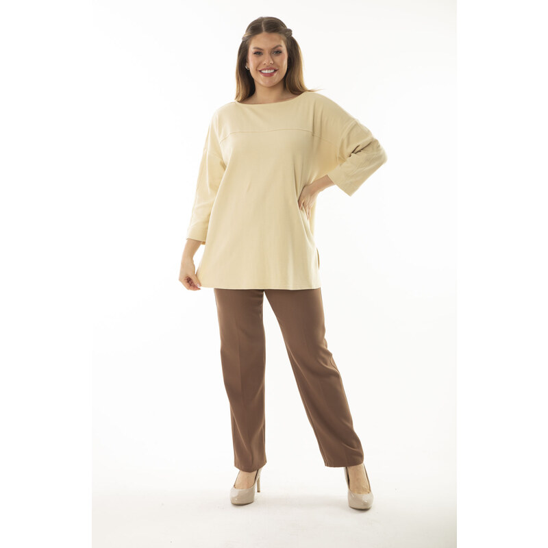 Şans Women's Plus Size Beige Robe and Slit Detailed Capri Sleeves Tunic