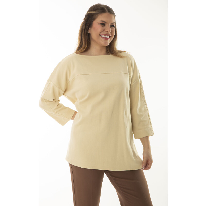 Şans Women's Plus Size Beige Robe and Slit Detailed Capri Sleeves Tunic