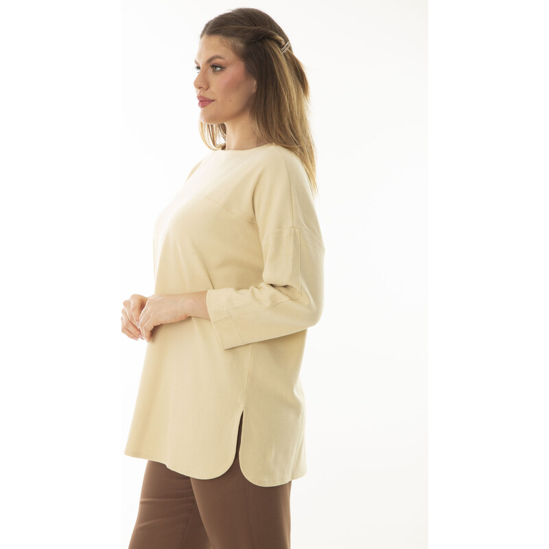 Şans Women's Plus Size Beige Robe and Slit Detailed Capri Sleeves Tunic