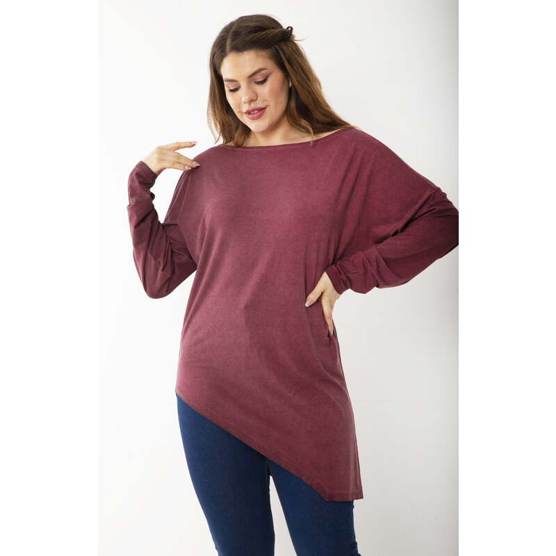 Şans Women's Plus Size Burgundy Dirty Wash Arm Cuff Detailed Hem Asymmetric Tunic