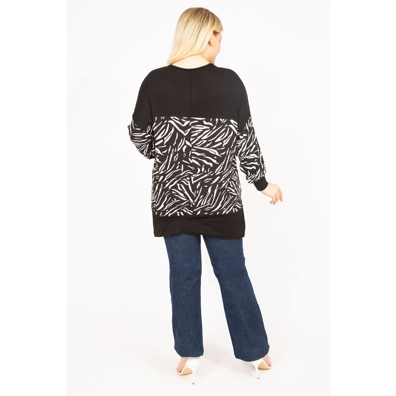 Şans Women's Black Plus Size Tunic with Side Slits and Garnish