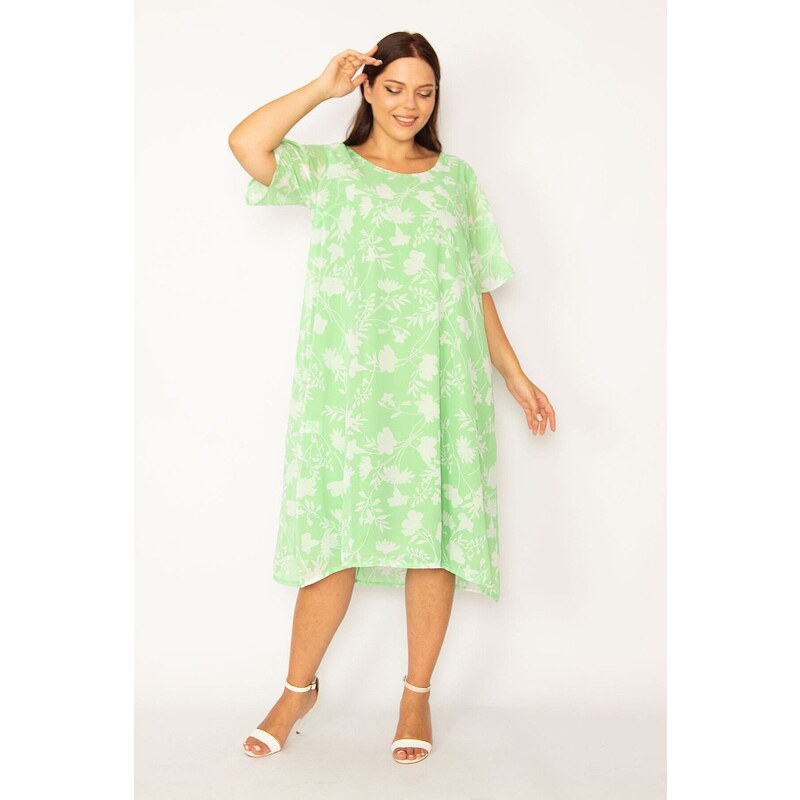 Şans Women's Plus Size Green Lined Chiffon Dress with Slit Sleeves