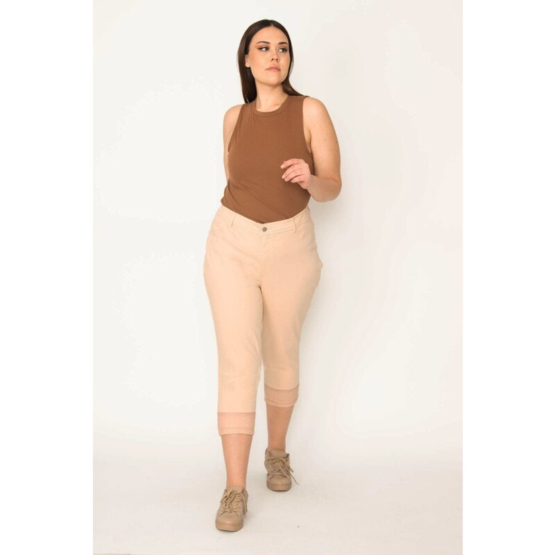 Şans Women's Plus Size Mink Cuff Tulle Detailed Lycra 5 Pocket Capri