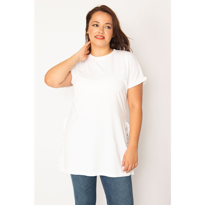 Şans Women's Plus Size White Cotton Fabric Side Slit Tunic