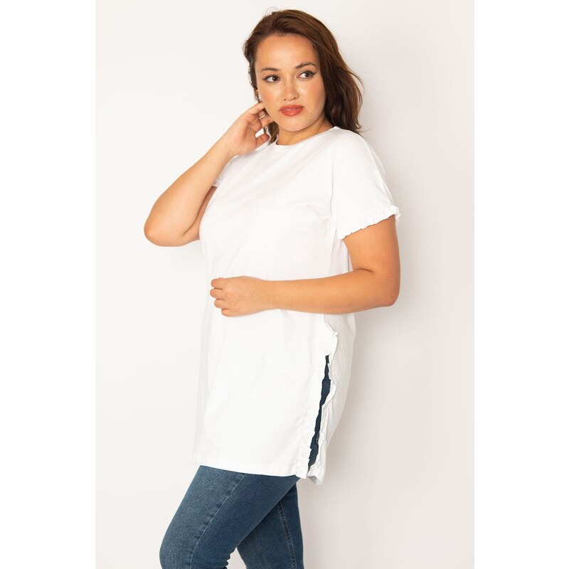 Şans Women's Plus Size White Cotton Fabric Side Slit Tunic