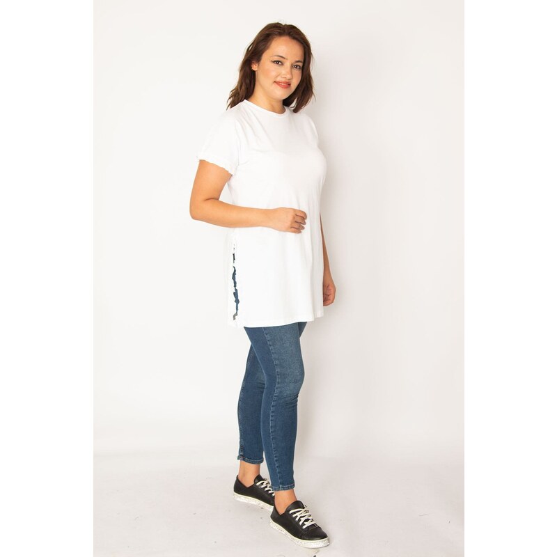 Şans Women's Plus Size White Cotton Fabric Side Slit Tunic