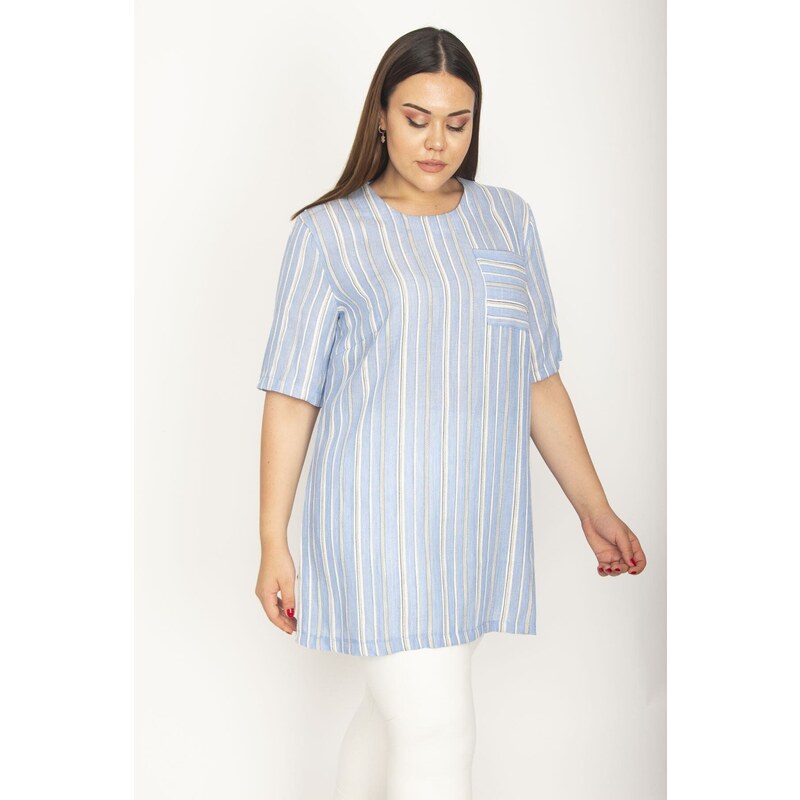 Şans Women's Plus Size Blue Glittery Crew Neck Chest Pocket Short Sleeve Tunic