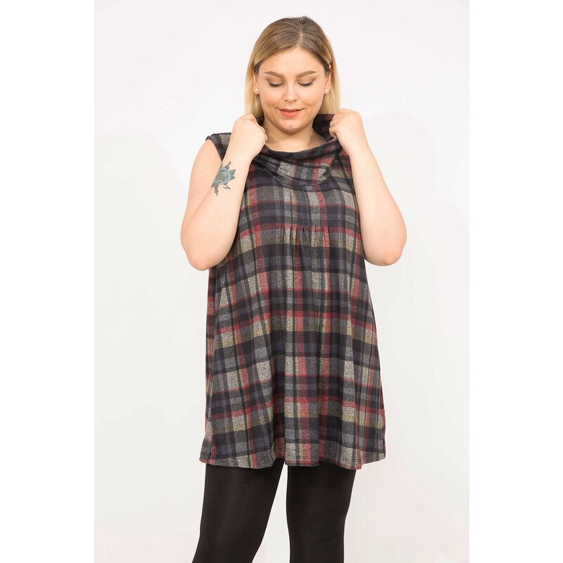 Şans Women's Colorful Plus Size Checkered Lycra Tunic with Ribs on the Chest