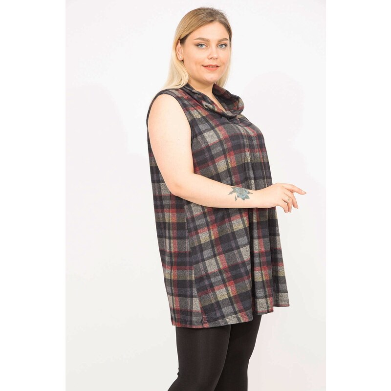 Şans Women's Colorful Plus Size Checkered Lycra Tunic with Ribs on the Chest