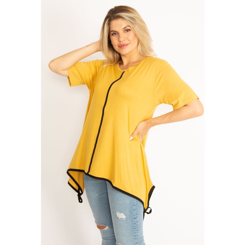 Şans Women's Plus Size Mustard Piping Detailed Tunic with a Lace-Up Hem