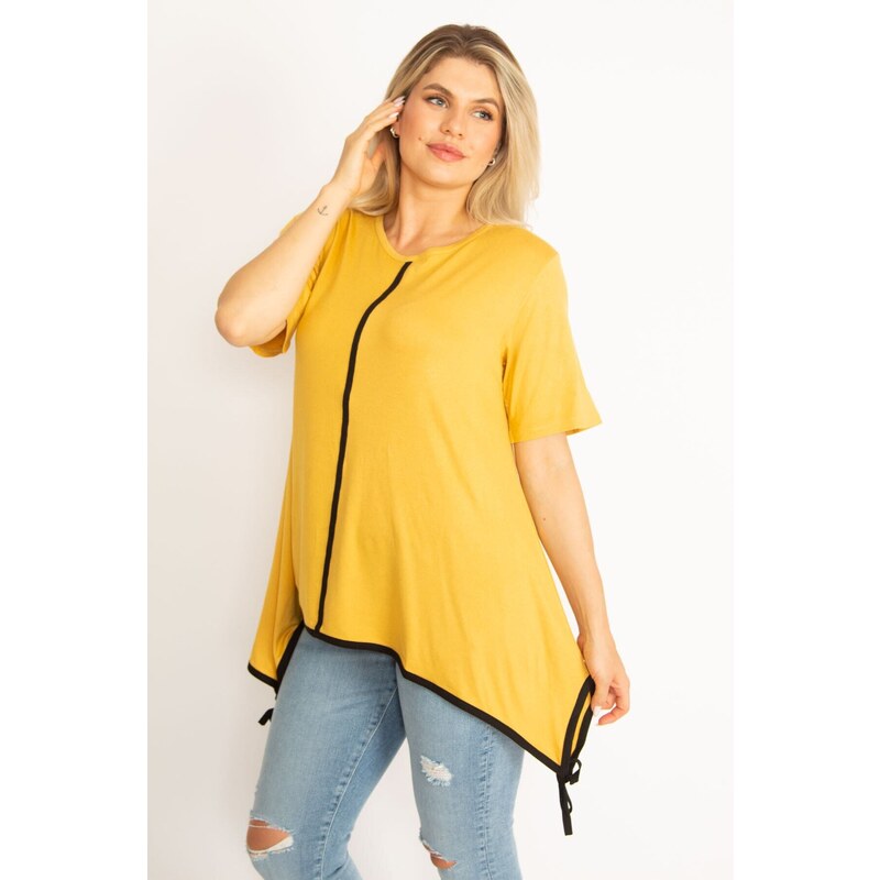 Şans Women's Plus Size Mustard Piping Detailed Tunic with a Lace-Up Hem