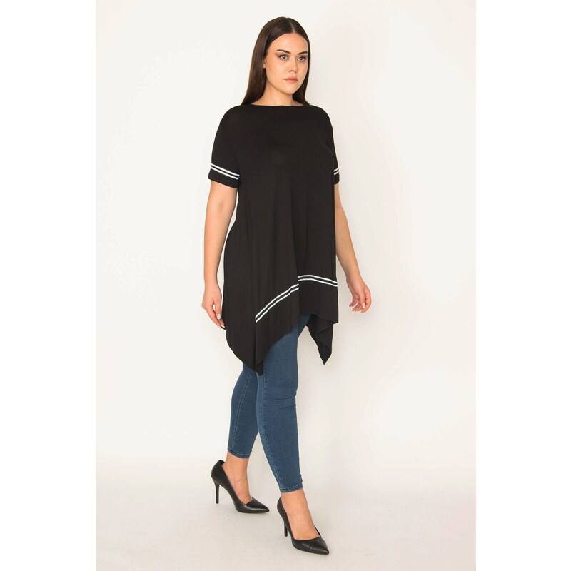 Şans Women's Plus Size Black Stripe Detailed Asymmetrical Tunic