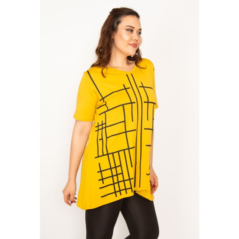 Şans Women's Plus Size Yellow V-Neck Front Printed Tunic