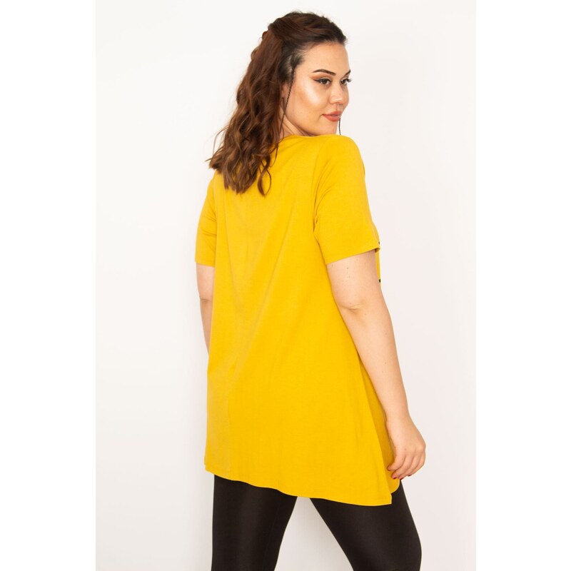 Şans Women's Plus Size Yellow V-Neck Front Printed Tunic