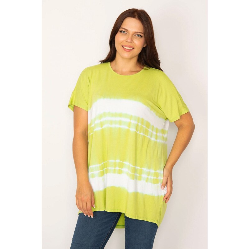 Şans Women's Plus Size Green Tie Dye Patterned, Comfortable Cut Tunic