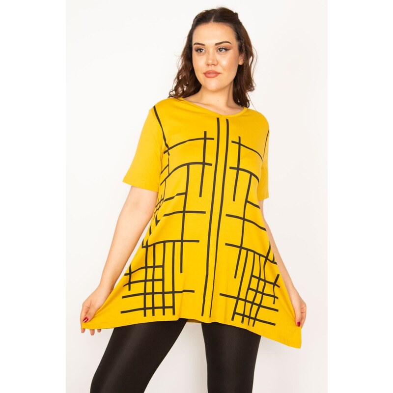 Şans Women's Plus Size Yellow V-Neck Front Printed Tunic