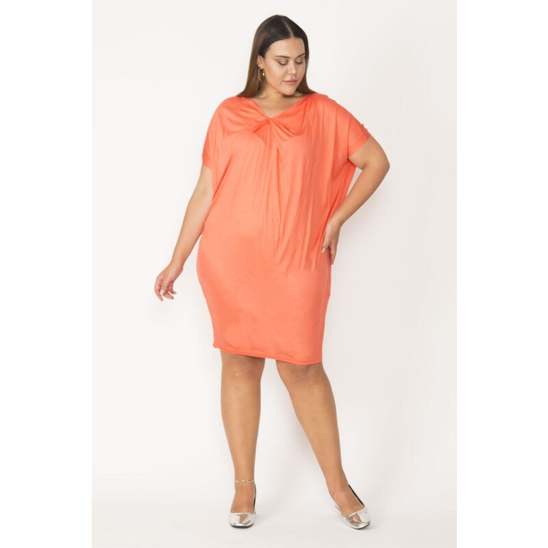 Şans Women's Plus Size Orange Slim Viscose Collar Detailed Tunic