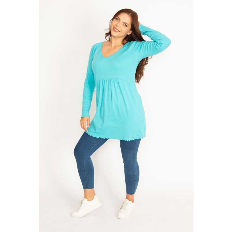 Şans Women's Plus Size Turquoise V-Neck Waist Detailed Tunic