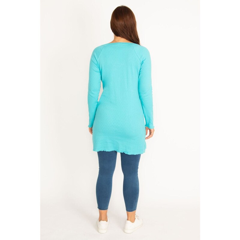 Şans Women's Plus Size Turquoise V-Neck Waist Detailed Tunic