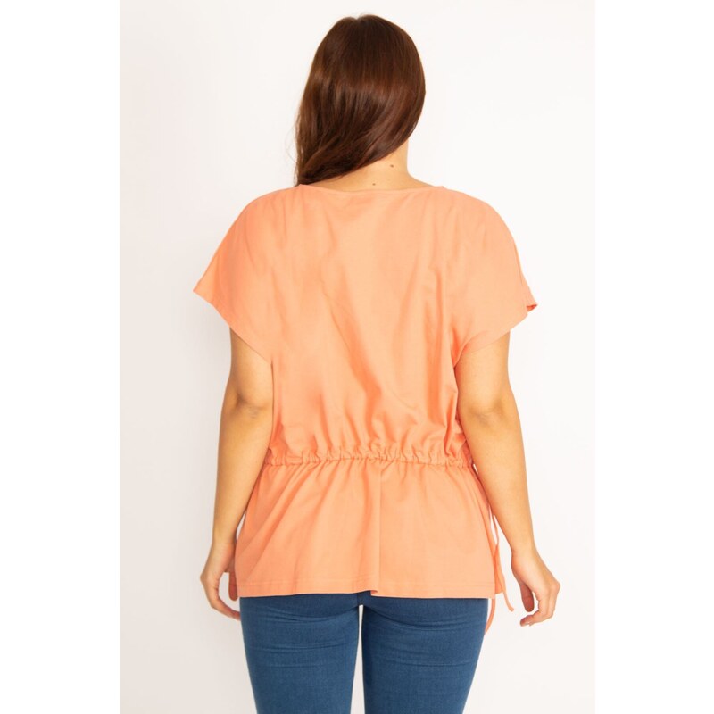 Şans Women's Plus Size Orange Tunic Lace-Up Low Sleeve Tunic