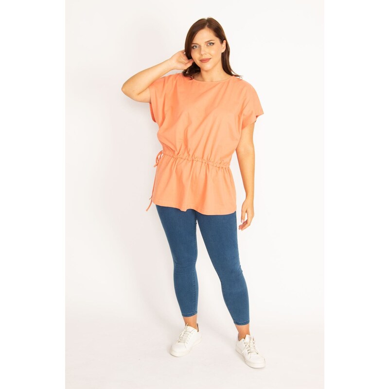 Şans Women's Plus Size Orange Tunic Lace-Up Low Sleeve Tunic