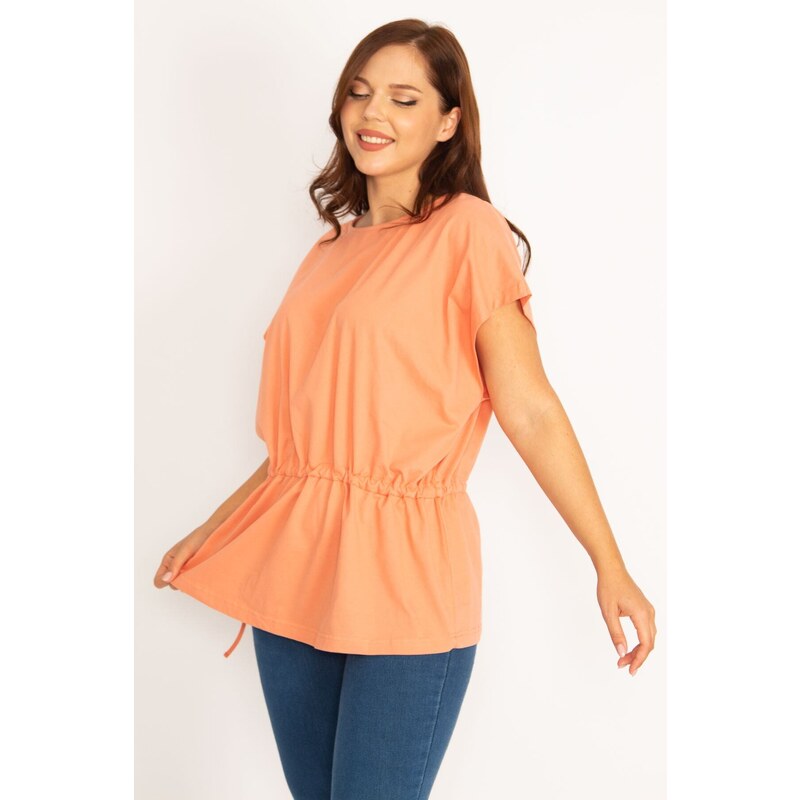 Şans Women's Plus Size Orange Tunic Lace-Up Low Sleeve Tunic