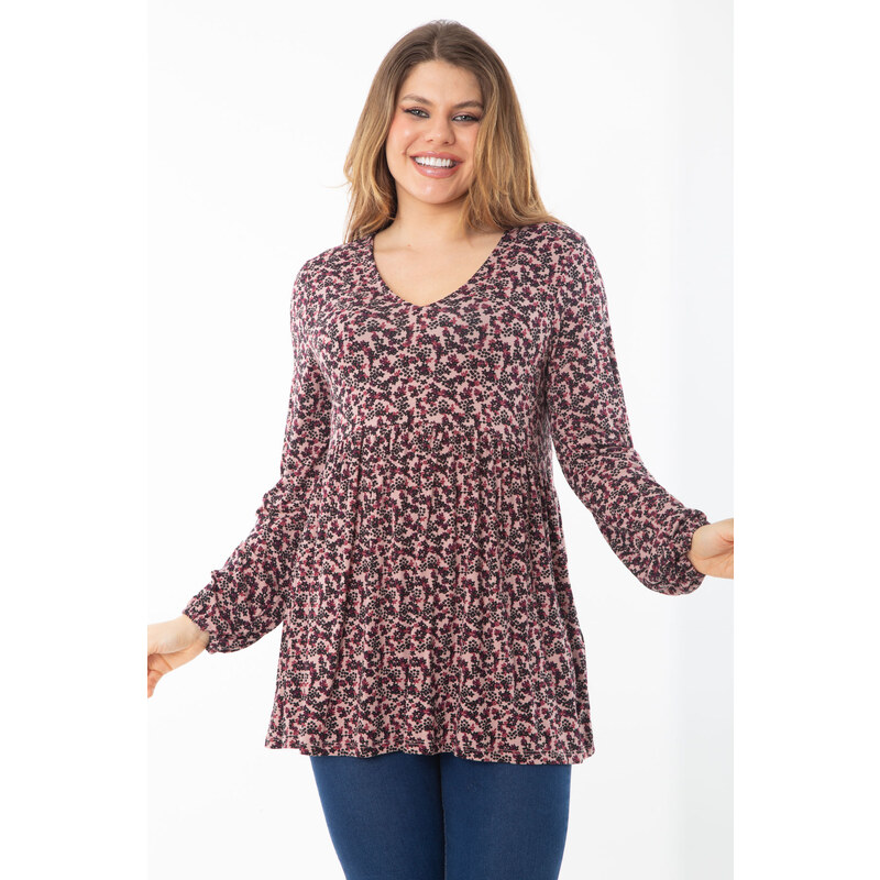 Şans Women's Plus Size Colorful Gathered Detailed V-Neck Tunic