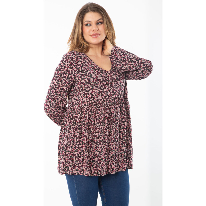 Şans Women's Plus Size Colorful Gathered Detailed V-Neck Tunic