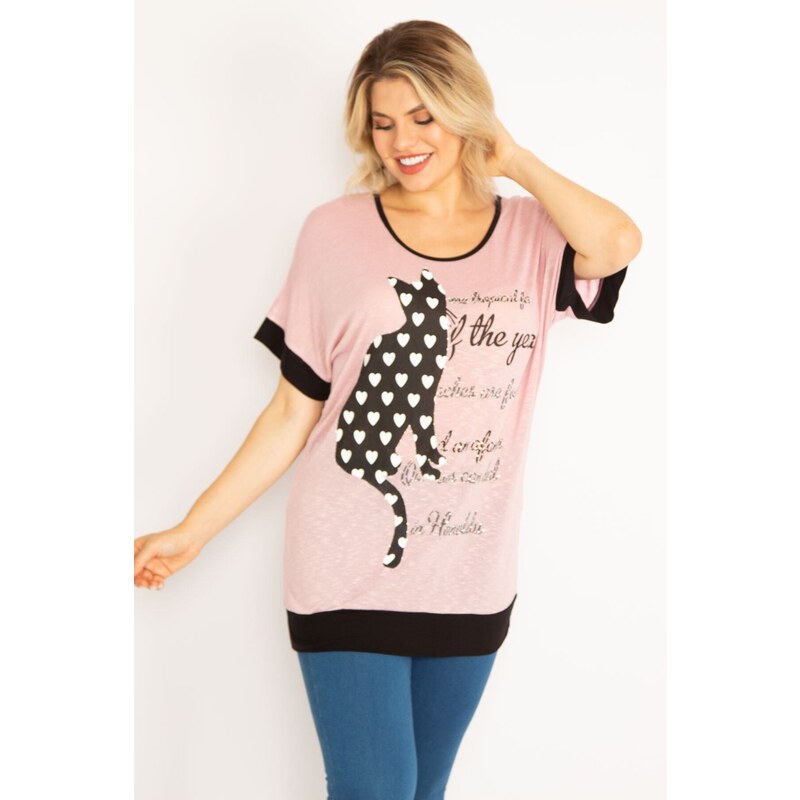 Şans Women's Plus Size Pink Cat Figure With Stones And Print Detailed Low-Sleeve Tunic