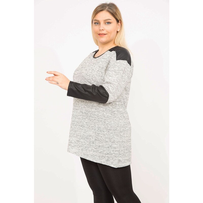 Şans Women's Gray Plus Size Faux Leather Garnish Tunic