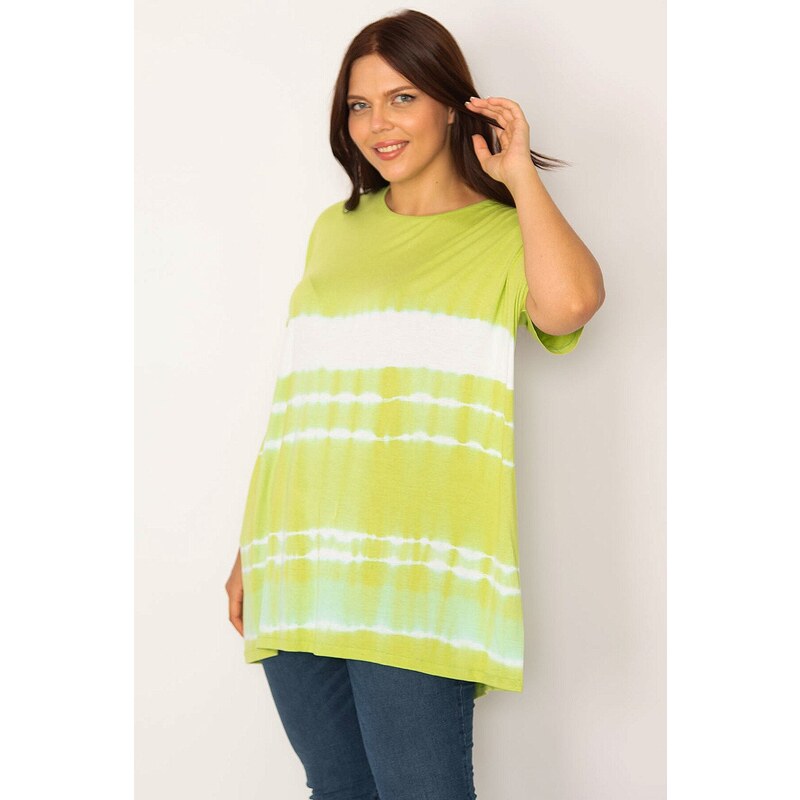 Şans Women's Plus Size Green Batik Patterned, Comfortable Cut Tunic
