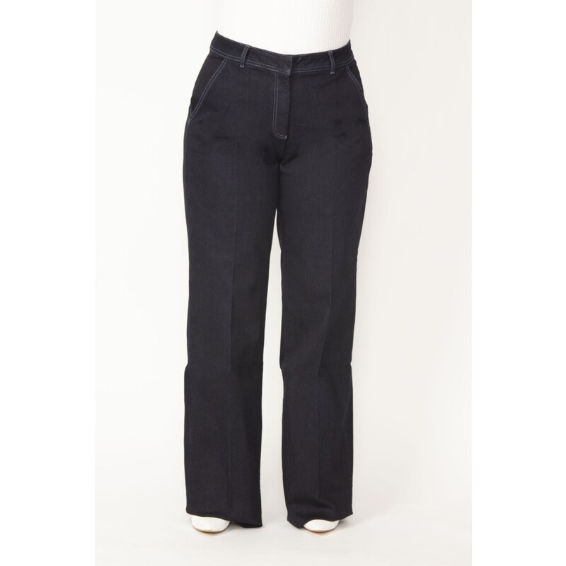 Şans Women's Plus Size Navy Blue Classic Cut Jeans with Side Pockets