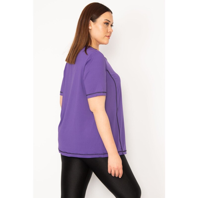 Şans Women's Plus Size Purple Collar Webbing Sports Blouse