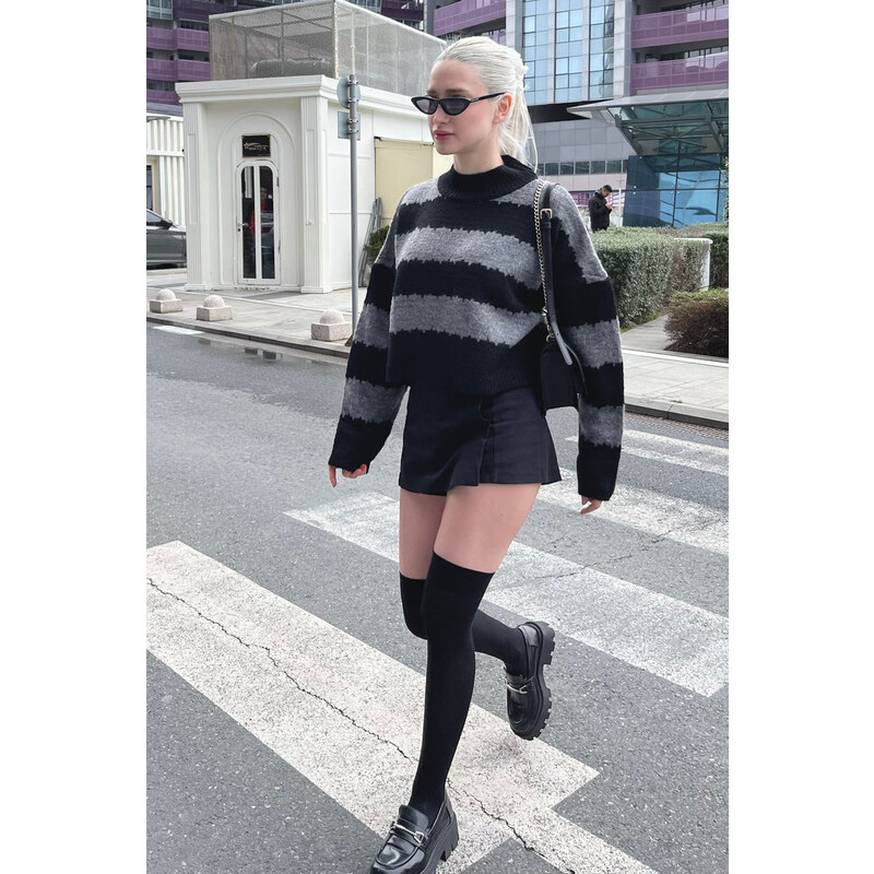 Madmext Anthracite Patterned Oversize Sweater