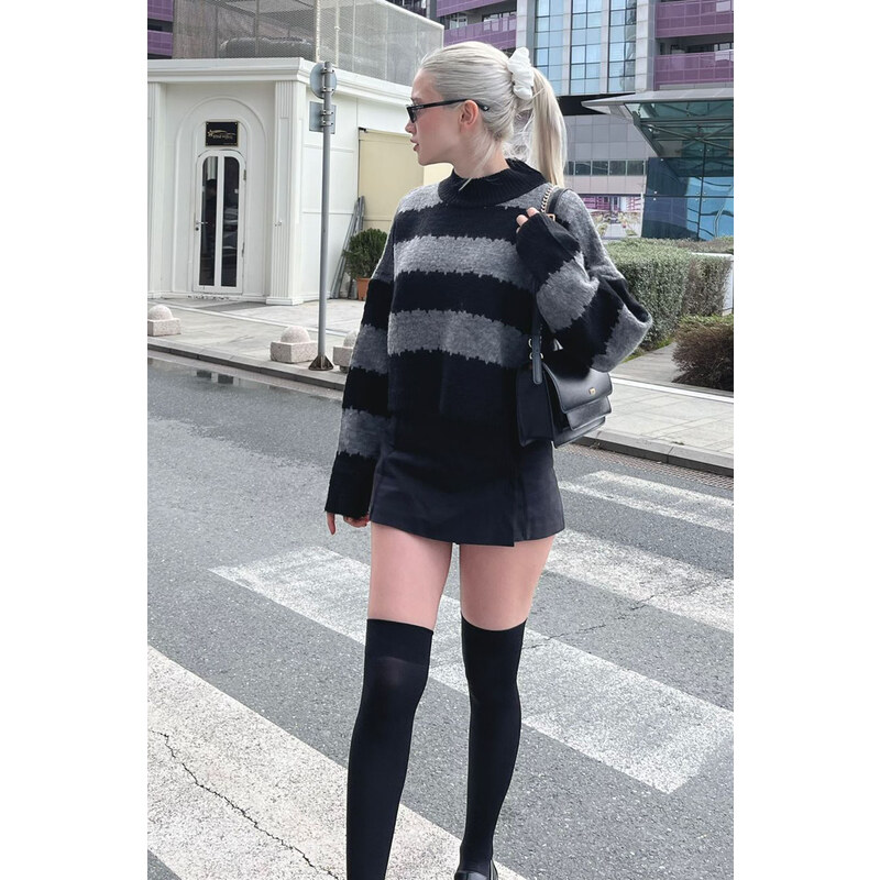 Madmext Anthracite Patterned Oversize Sweater