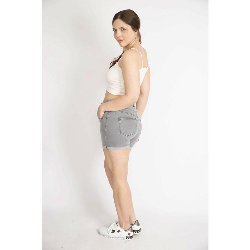 Şans Women's Gray Plus Size Turn Up Lycra Denim Shorts