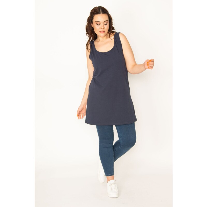 Şans Women's Plus Size Navy Blue Cotton Sleeveless Tunic