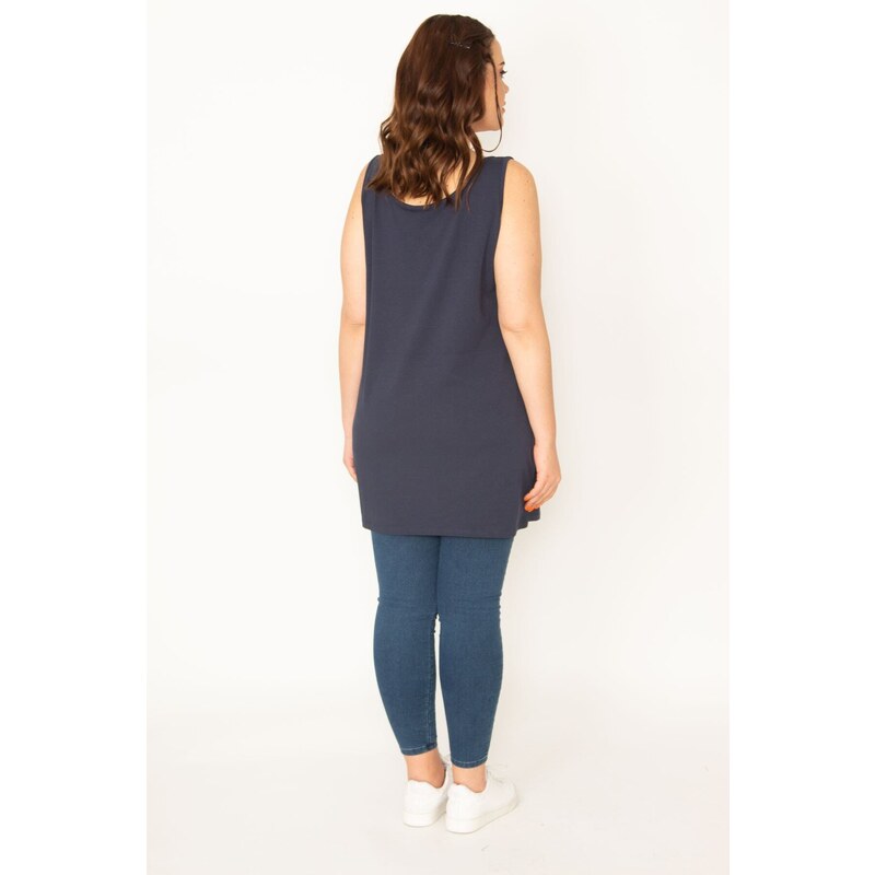 Şans Women's Plus Size Navy Blue Cotton Sleeveless Tunic