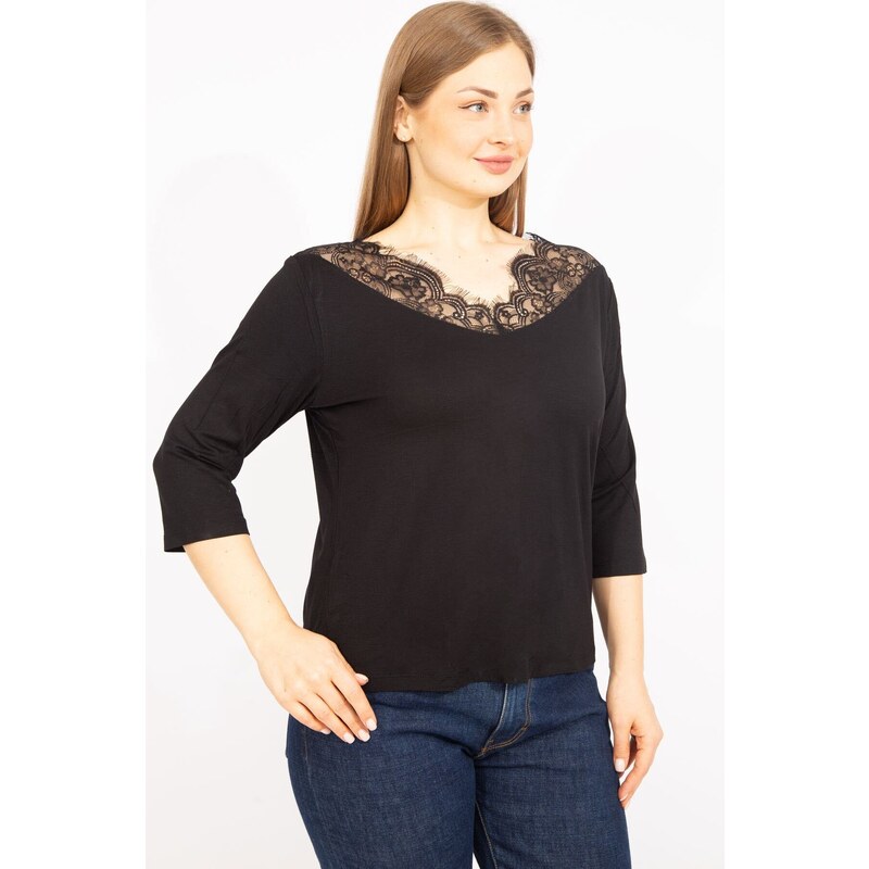 Şans Women's Black Plus Size Lace Detailed Blouse