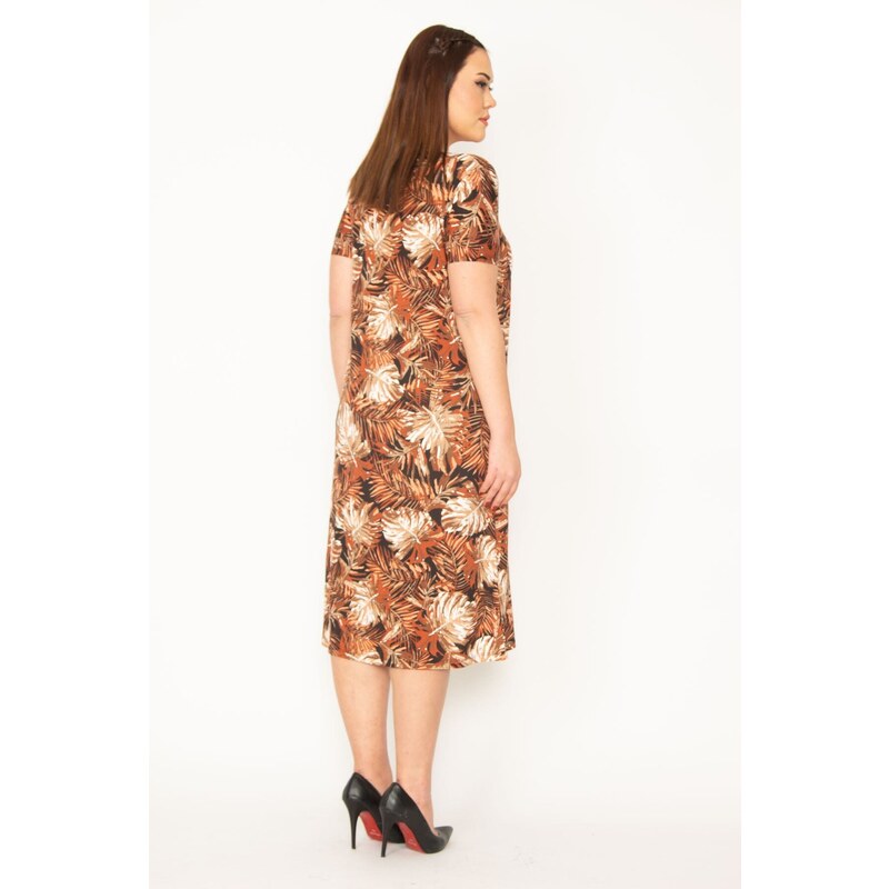 Şans Women's Plus Size Tan Flower Patterned Short Sleeve Viscose Dress