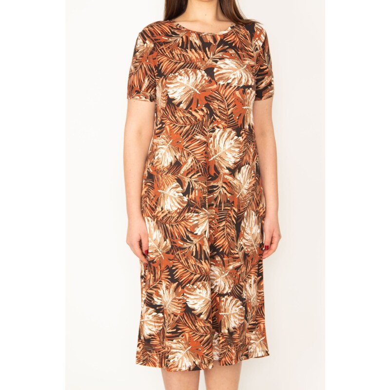 Şans Women's Plus Size Tan Flower Patterned Short Sleeve Viscose Dress