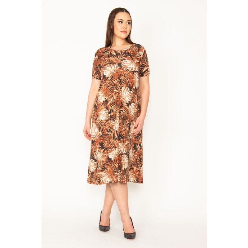 Şans Women's Plus Size Tan Flower Patterned Short Sleeve Viscose Dress