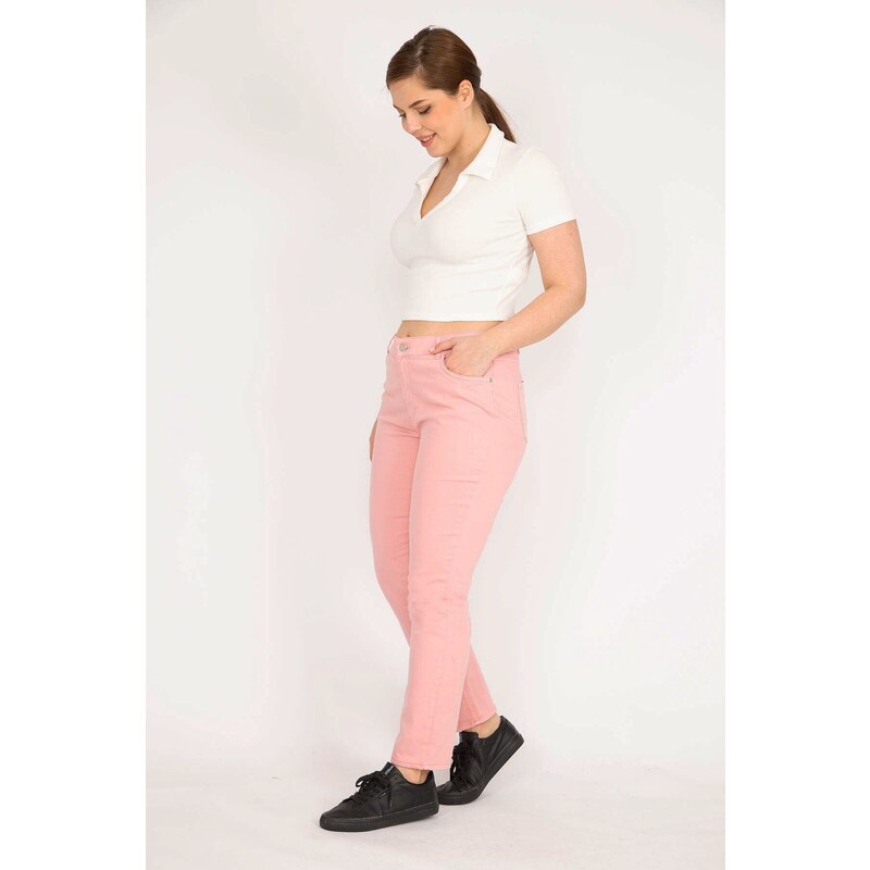 Şans Women's Pink Plus Size Waist Side Elastic Lycra 5-Pocket Trousers