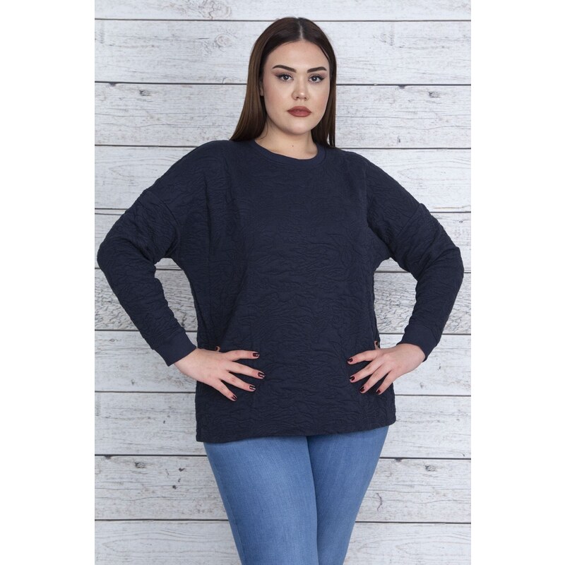 Şans Women's Plus Size Navy Blue Double Knitted See-through Embossed Ribbed Tunic