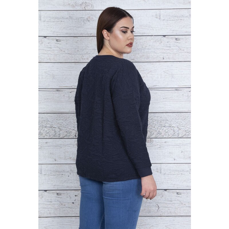 Şans Women's Plus Size Navy Blue Double Knitted See-through Embossed Ribbed Tunic