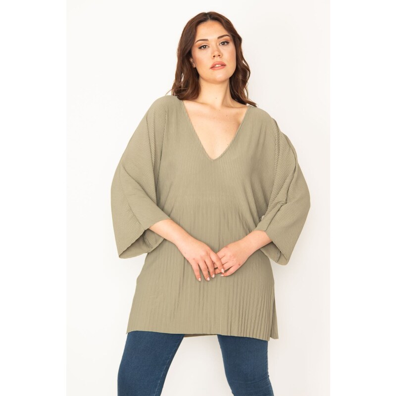 Şans Women's Plus Size Green Lycra V-Neck Bat Sleeve Tunic