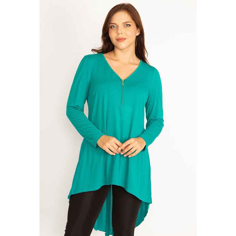 Şans Women's Plus Size Green Front Patio Zippered Back Detailed Viscose Tunic