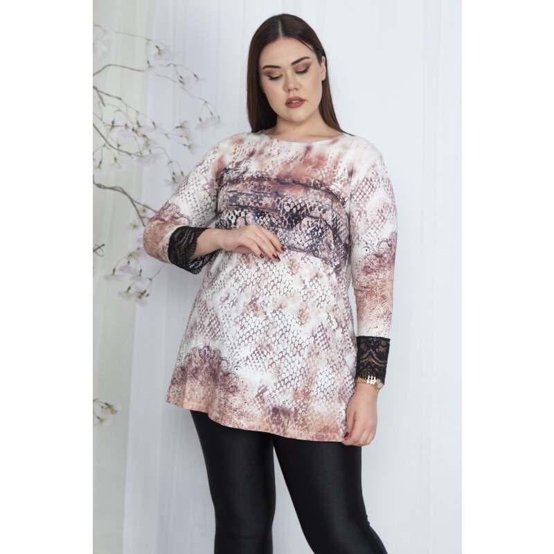 Şans Women's Plus Size Colorful Sleeves Lace Detailed Patterned Tunic