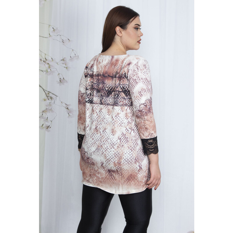 Şans Women's Plus Size Colorful Sleeves Lace Detailed Patterned Tunic