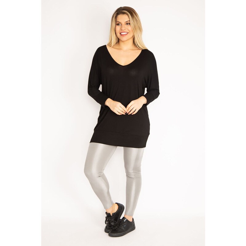 Şans Women's Plus Size Black V Neck Capri Sleeve Tunic